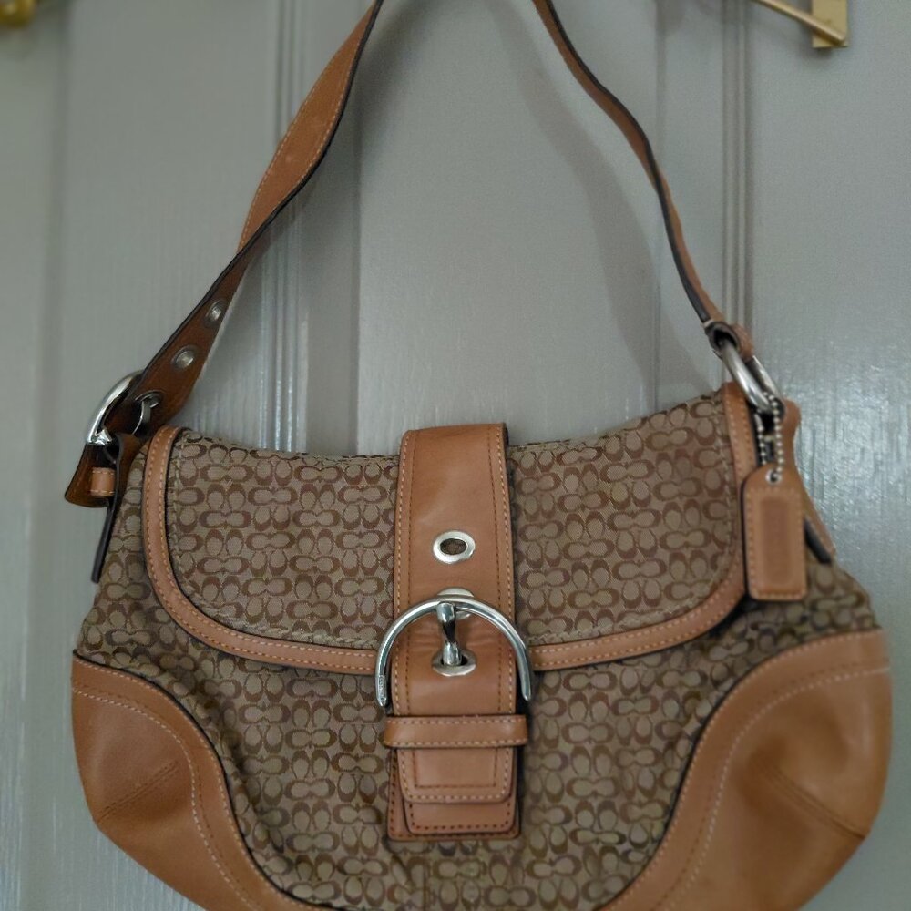 Y2K Coach Soho Signature Jacquard & Leather Shoulder Bag + COA Khaki/Brown